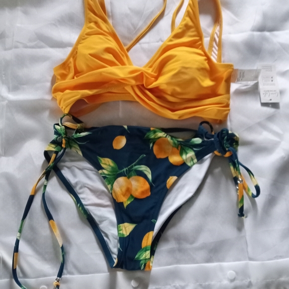 Yellow and lemon print mid- waist bikini set swimsuit Women Sexy Lace up 2 piece - Picture 2 of 2